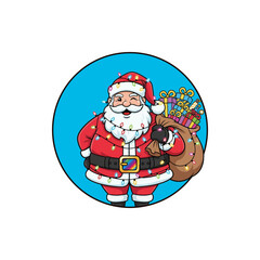 Cartoon Santa Claus winking, holding a sack of gifts, and adorned with colorful Christmas lights on a blue background.