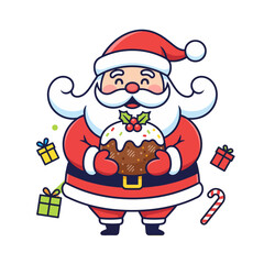 Cute cartoon Santa Claus holding a festive Christmas pudding surrounded by holiday gifts and a candy cane.