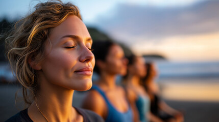 Group of faceless women doing yoga on beach, defocused coastal wellness collective, oceanfront practice gathering, seaside spirituality group, shoreline meditation assembly, with c