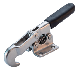 Pull-action toggle latch clamp for securely fastening lids and covers.