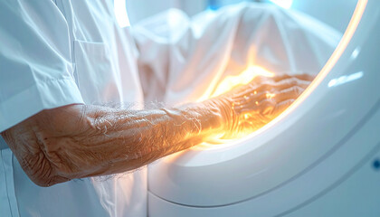 Medical Scan: A person's arm rests inside a diagnostic scanner, emitting a warm glow of focused energy and highlighting the technological capabilities of advanced healthcare. 
