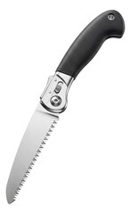 Obraz premium Compact folding saw with a serrated blade and secure locking for outdoor use.