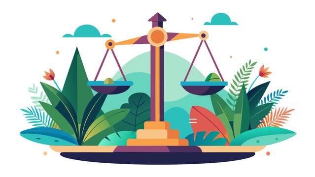 Balanced scales of justice with cannabis leaves on vibrant tropical background, legal and medical concept illustration