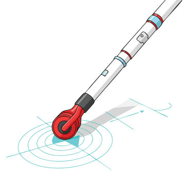 A draftsman's wheel tracer tool creates precise circular patterns on a white background with directional arrows and grid lines.