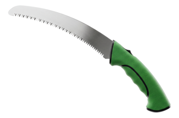 Curved pruning saw with rubber grip for trimming bushes in gardening.