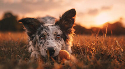 dog playing on grassy field during golden hour, wholesome lifestyle