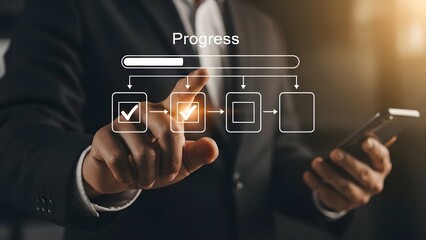 Businessman interacting with digital process interface on smartphone