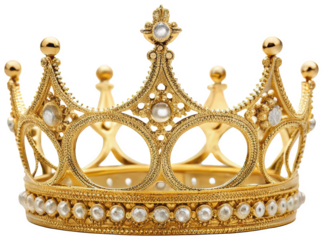 Intricately detailed and ornate golden crown, crafted from a lustrous metallic material with elaborate filigree patterns and adorned with numerous pearl-like, isolated on transparent background.