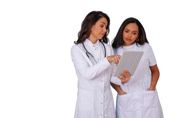 Medical professionals reviewing patient information on a tablet. This professional healthcare image features a transparent background