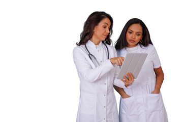 Medical professionals reviewing patient information on a tablet. This professional healthcare image features a transparent background