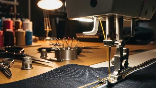 sewing machine stitching denim fabric with yellow thread on a worktable with tools and supplies
