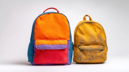 Bright and Colorful Backpacks Showcasing Vibrant Styles in a Simple Studio Setting
