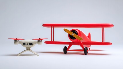 Colorful Red Toy Airplane Next to Drone on Neutral Background for Creative Conceptual Illustrations