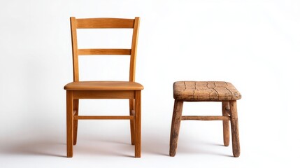 Perfect New Wooden Chair Next to Rustic Wooden Stool on White Background for Interior Design Inspiration
