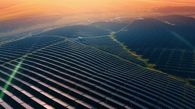 Numerous rows of solar panels cover the huge hilly territory. Orange sun dazzling the scenery at backdrop. Aerial view.