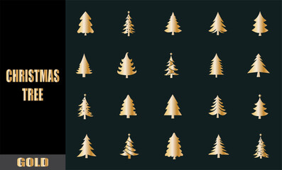 Gold Christmas tree silhouette icons. graphic ornament.