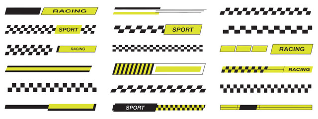 Set of checkered racing and sport banners with yellow accents and stripes © 弗莱彻
