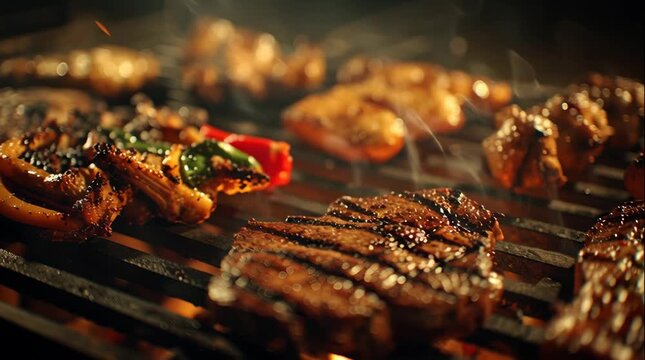 Sizzling Grilling Meat on a Fire Pit Evening Outdoor Cooking