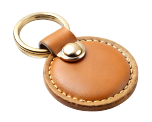 Brown leather keychain with gold ring and snap isolated on transparent background