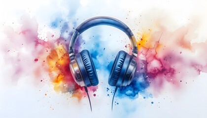 Over-ear headphones surrounded by a vibrant explosion of colorful watercolor paint splashes and dust particles on a white background, representing music and creativity.