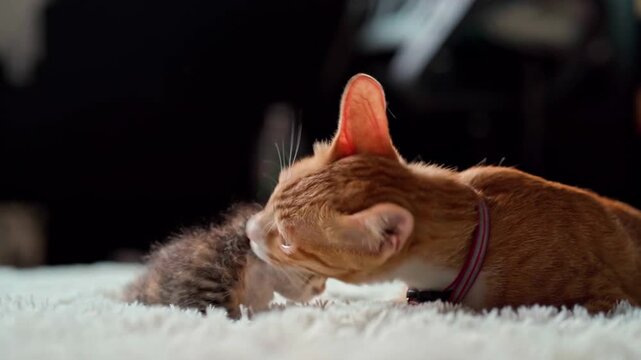 Orange tabby cat licking kitten