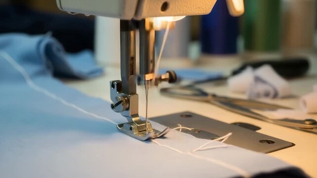 sewing machine stitching white fabric with thread and scissors on table