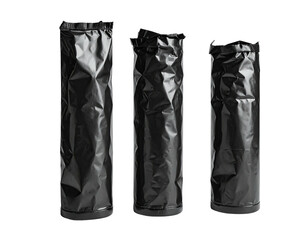 Three vertical black packages with a crumpled texture on a seamless black background