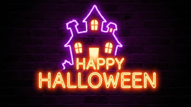 Glowing Happy Halloween Neon Sign with Haunted House on Dark Brick Wall