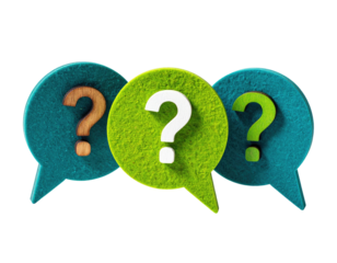 Three colorful question marks inside speech bubbles on a black background, representing inquiry
