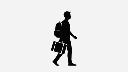 A businessman walking with a briefcase and backpack in a professional setting