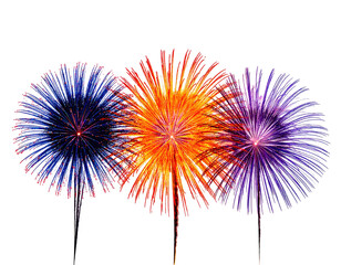 Three vibrant, colorful fireworks burst against a stark, black background. Festive, celebrating, and bright