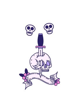 spinning skulls animation of cartoon of a traditional tattoo with banner of a skull