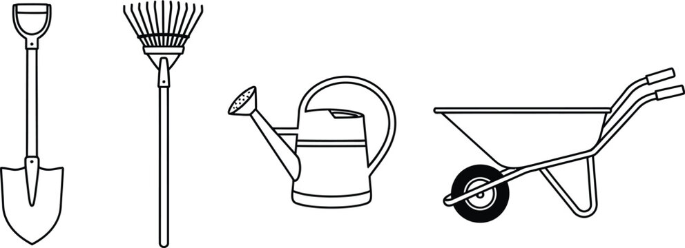Set of 4 garden tools outline shovel rake watering can and wheelbarrow
