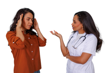Doctor and patient discussing headache symptoms, a woman feeling pain in her temples during a medical consultation