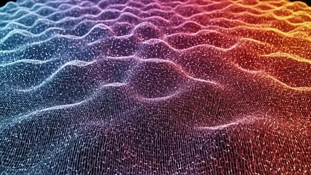 Abstract 3D rendering of wavy textured surface, gradient color transitions, and point particles