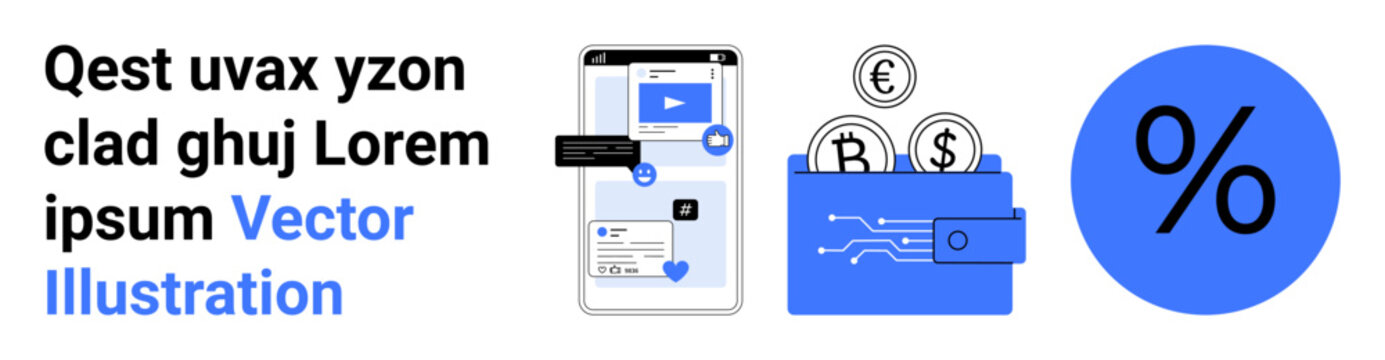 Cryptocurrency, digital payments, fintech, e-commerce, investment, finance. Graphic shows a smartphone with app interface, wallet holding crypto coins and a percentage symbol. Cryptocurrency