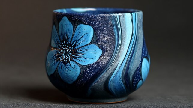 Beautiful blue ceramic cup with floral design and smooth flow lines on dark background - Powered by Adobe