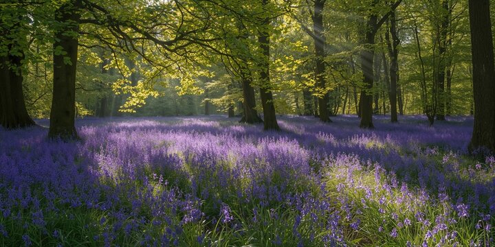 Bluebell woodland scene in a lush English spring with dappled sunlight shadows, ideal for nature preservation awareness