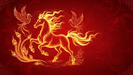 Fototapeta premium Mythical fiery horse with flowing mane and wings in vibrant hues of red and gold