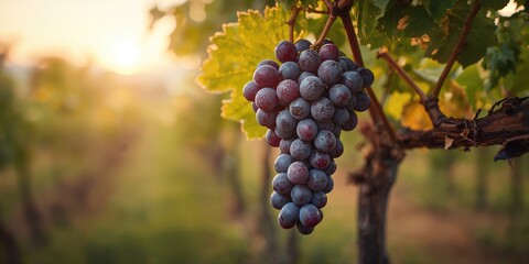 Close-up of ripe grapes hanging from the vine used as a background for text and layout design