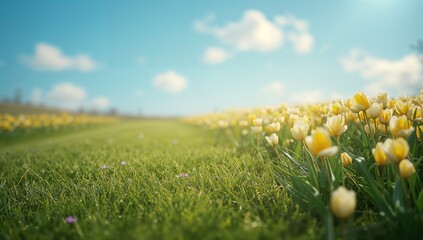 Bright tulip field featuring yellow and white blossoms serving as a floral backdrop for editorial purposes