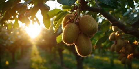 Kiwi fruits hanging in a garden with lush trees and sunlight, highlighting sustainable agriculture and seasonal harvest