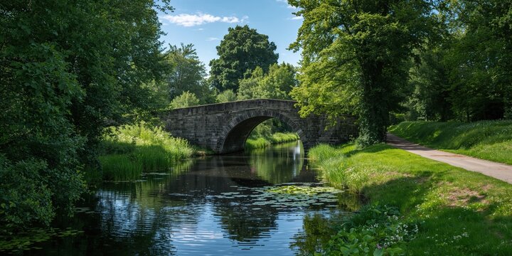 Stroud Canal towpath arched bridge, used as a peaceful pedestrian route for outdoor recreation