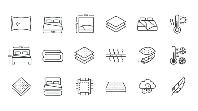 Bedding and mattress icons showing dimensions, temperature, and material