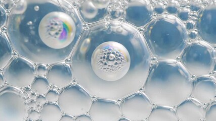 A mesmerizing macro closeup of translucent soap bubbles floating in water showcasing intricate iridescent patterns and delicate spherical forms creating a vibrant abstract background texture. - Powered by Adobe