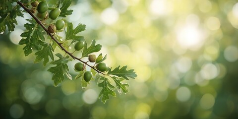 Young green acorns on an oak branch close-up, seasonal growth patterns