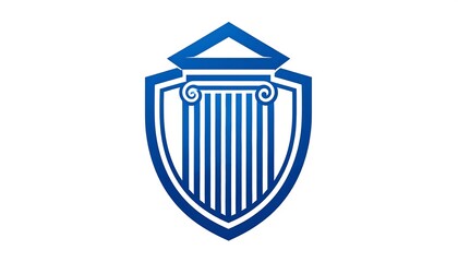 A blue, stylized shield showcases a classic column with an ornate capital, topped by a triangular pediment. This design represents a strong, protective emblem