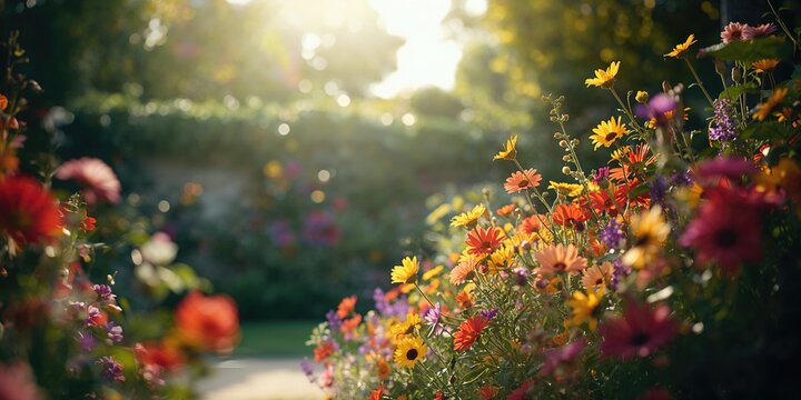 A collection of garden flowers organized in a decorative pattern, ideal for use as an editorial header background, floral display