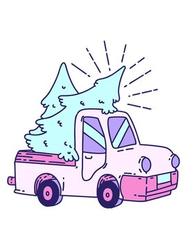 bob and pause animation of illustration of a traditional tattoo style truck with trees