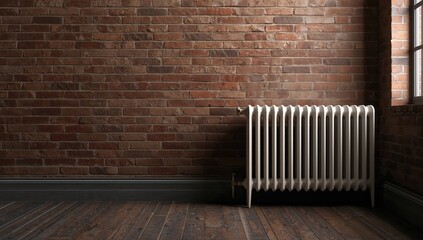 White cast iron radiator attached to brick wall inside a house, highlighting heating efficiency and household safety, cold weather